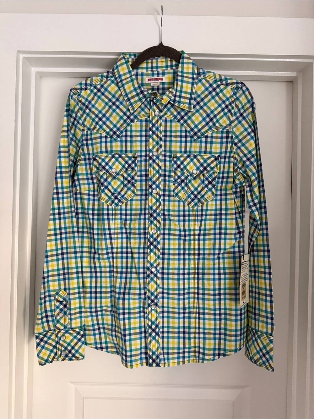 True Religion Women’s Plaid Button-Down Shirt in Blue, Yellow, Green